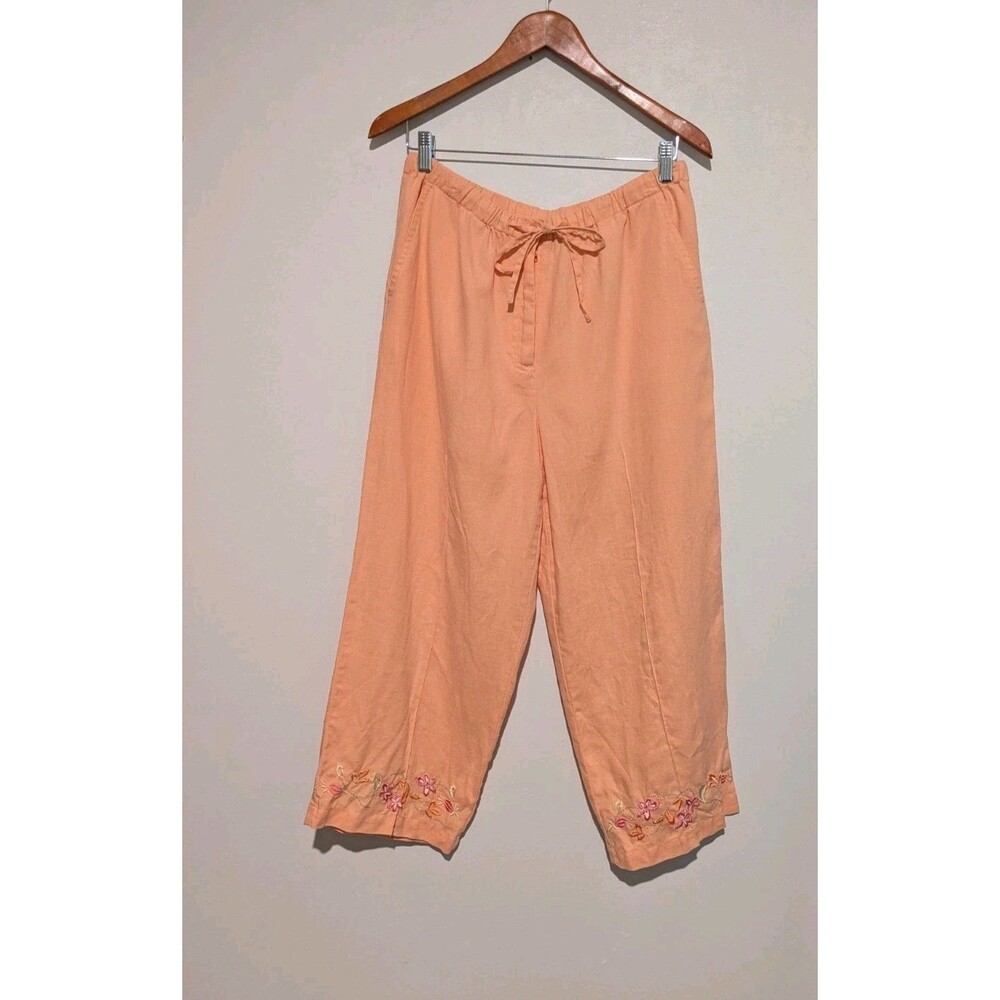 LM Collection Women’s Embroidered Linen Capri Pants Peach Orange 8 Elastic Waist